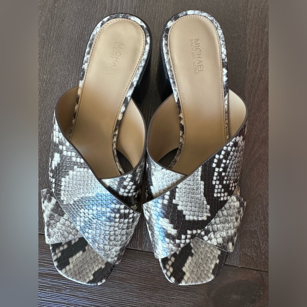 Michael Kors Snake-Print Crisscross Slide Sandals in Black and White